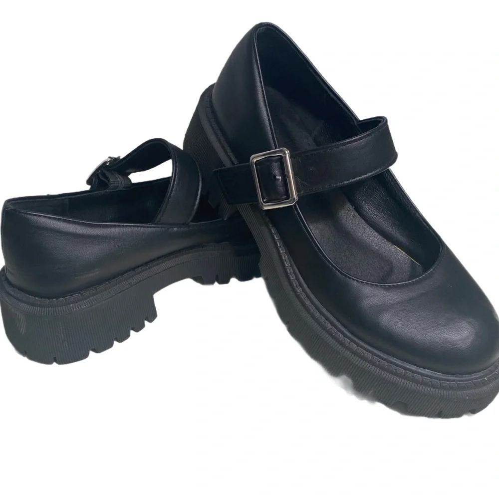 Black Faux Leather Y2K ‎ Mary Jane Chunky Heel Platform Shoes US 7 Grunge Goth